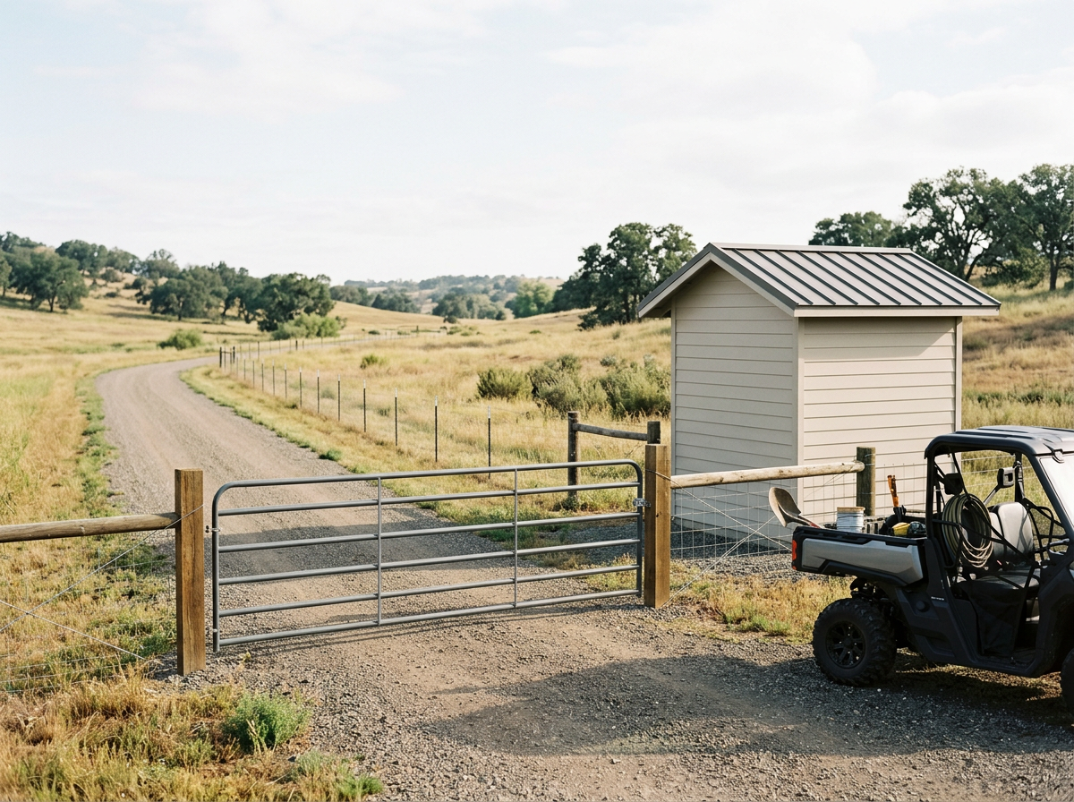 Texas Hill Country ranch with gated drive, outbuilding, and utility vehicle.