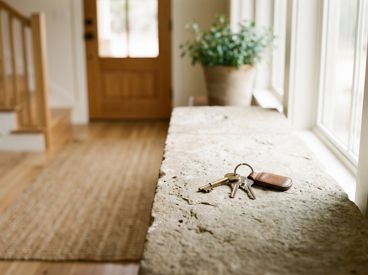 House keys resting on a limestone ledge inside a home