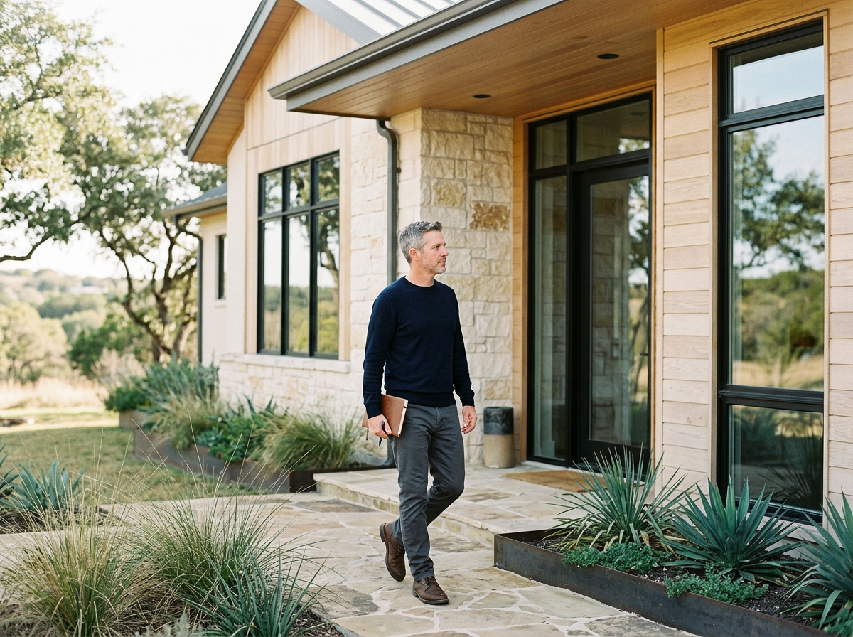 Property professional walking the grounds of a Hill Country home.