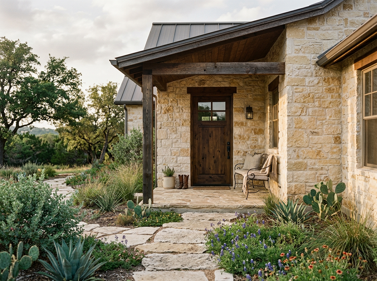 Hill Country limestone home with native landscaping and covered front porch.