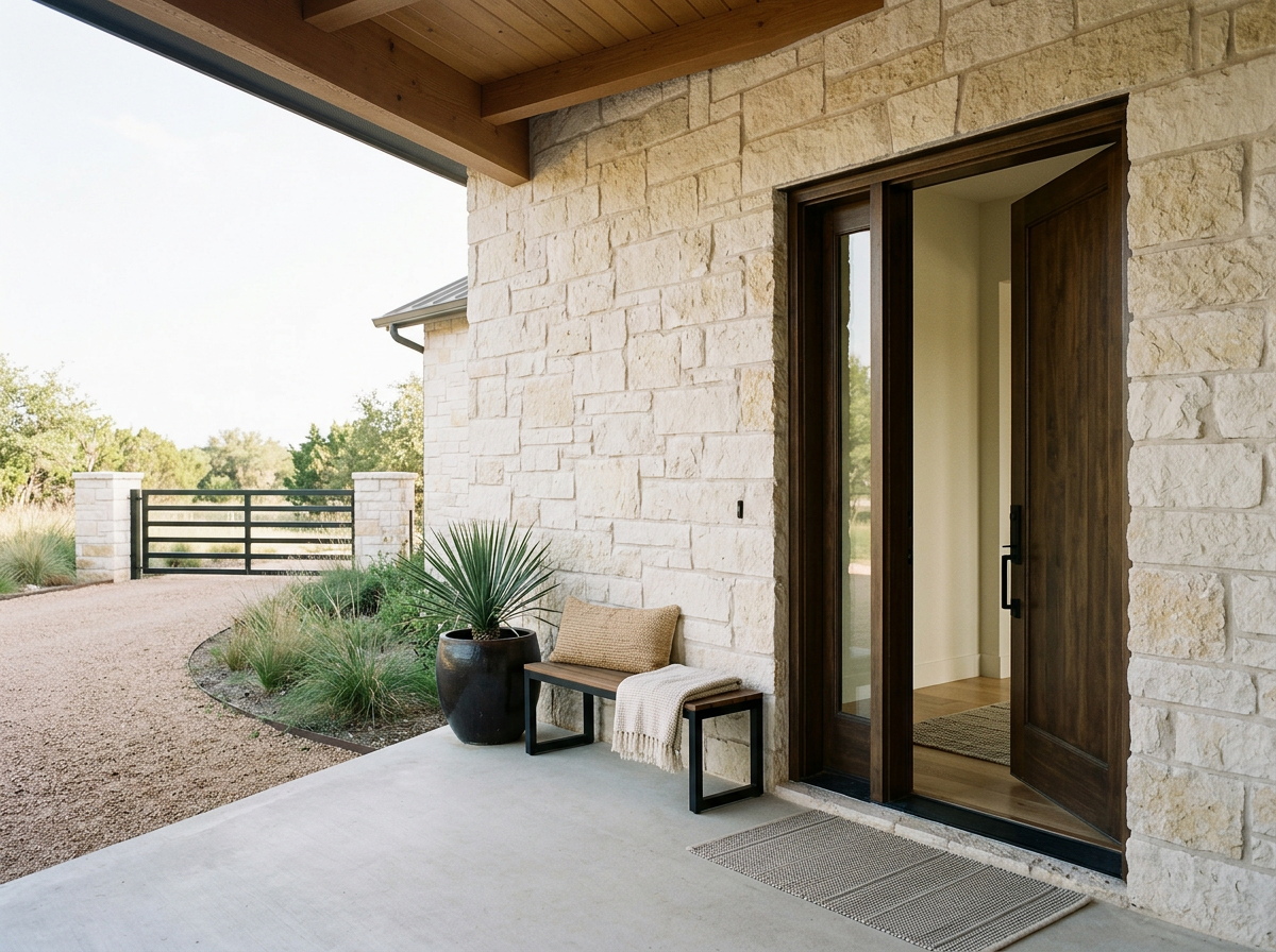 Limestone Hill Country home with a welcoming covered porch and gated entrance.