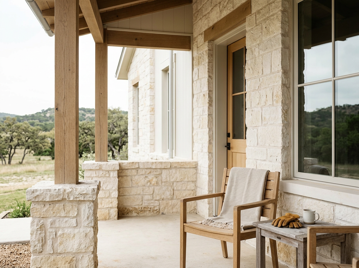 Hill Country home with limestone porch overlooking a wooded landscape.