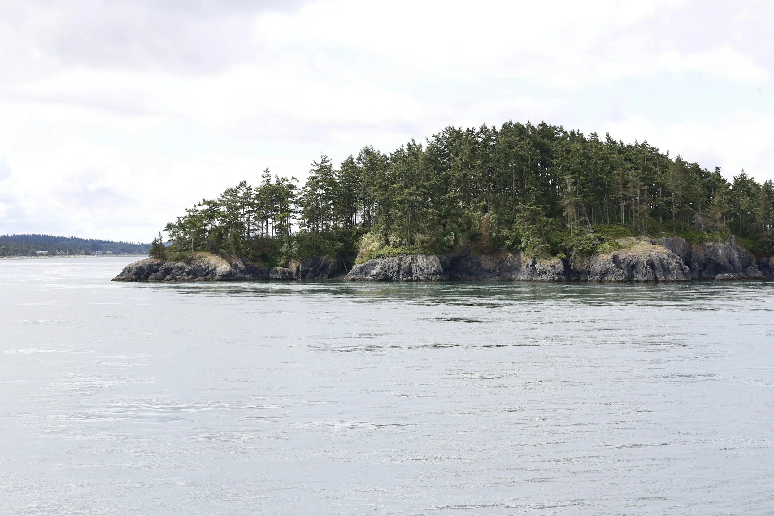 An island covered with evergreen trees along a rocky shoreline in a body of water under a cloudy sky.