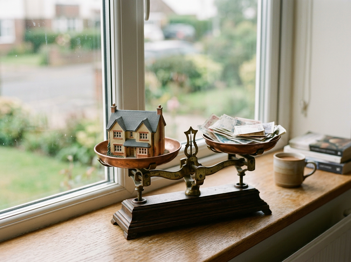 Decorative vintage balance scale with a miniature house model on one side and a bowl of banknotes on the other, on a window sill with a cup, books, and a window view of a suburban street.