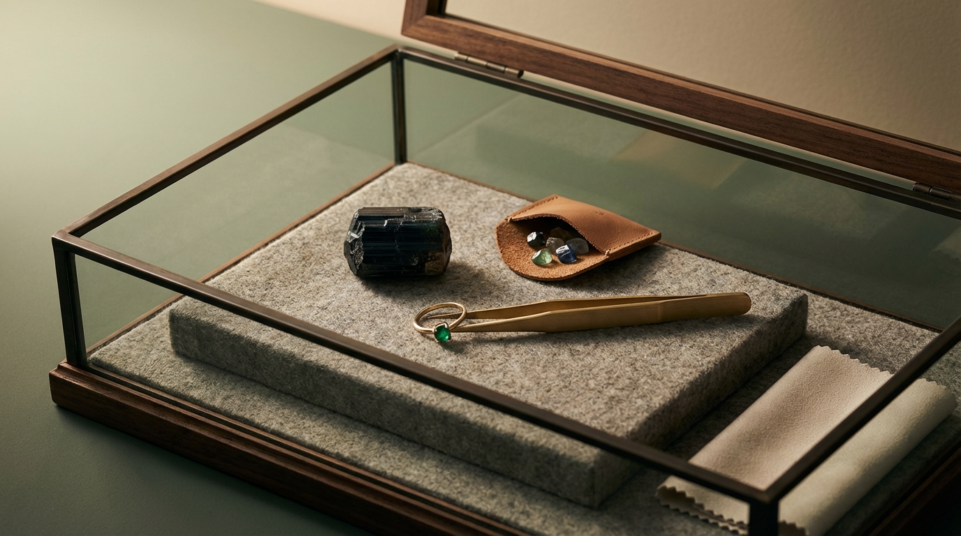 Jewelry display case with a ring, a bracelet, and small gemstones in a pouch.