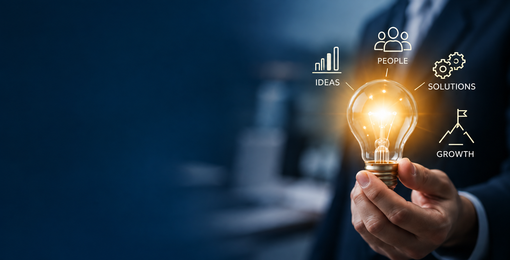 Person in business attire holding a glowing lightbulb with digital icons and labels related to ideas, people, solutions, and growth projected around it.