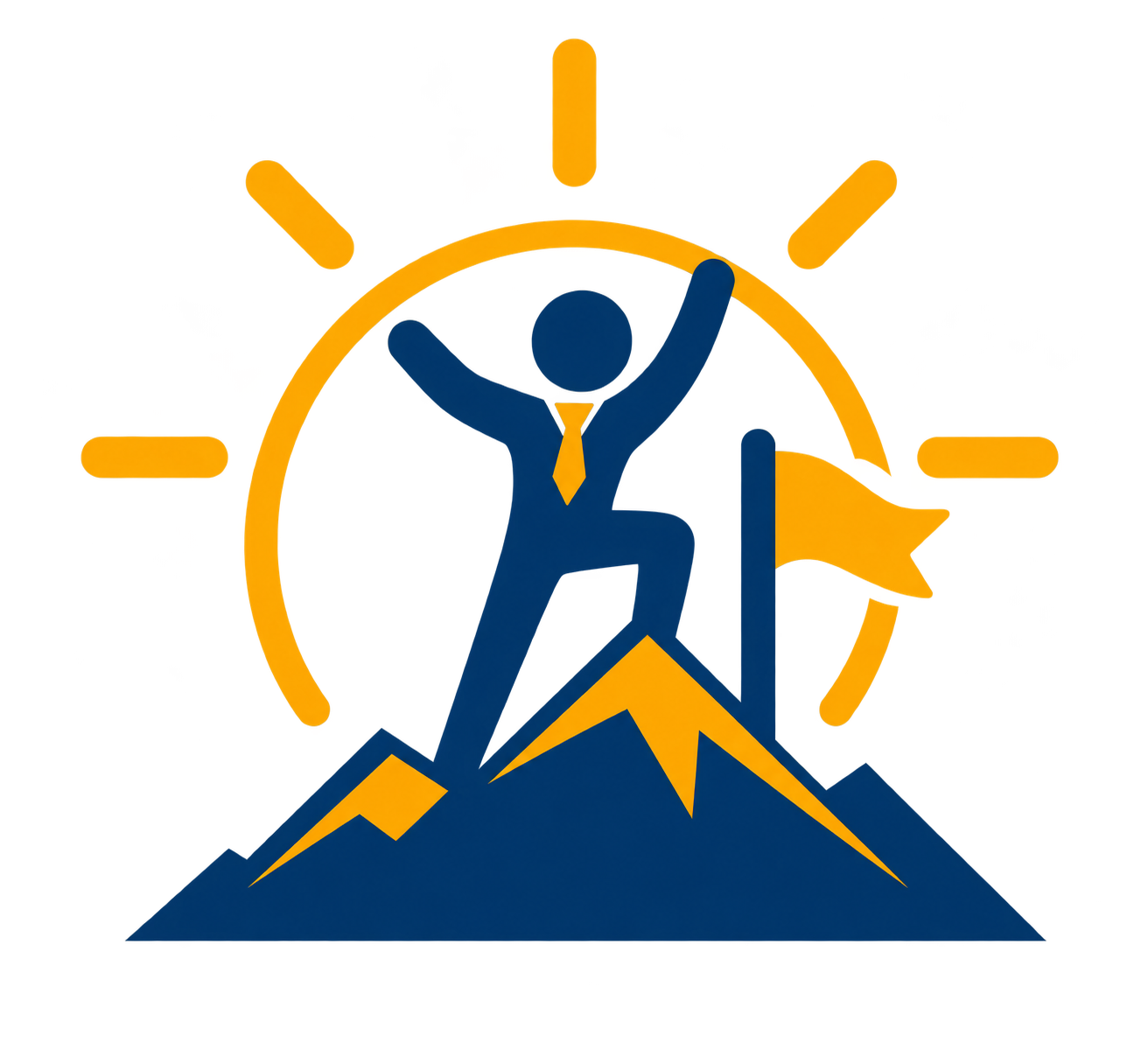 A stylized logo featuring a person in a business suit and tie with arms raised, standing on mountain peaks, with a background of a rising or setting sun radiating rays.