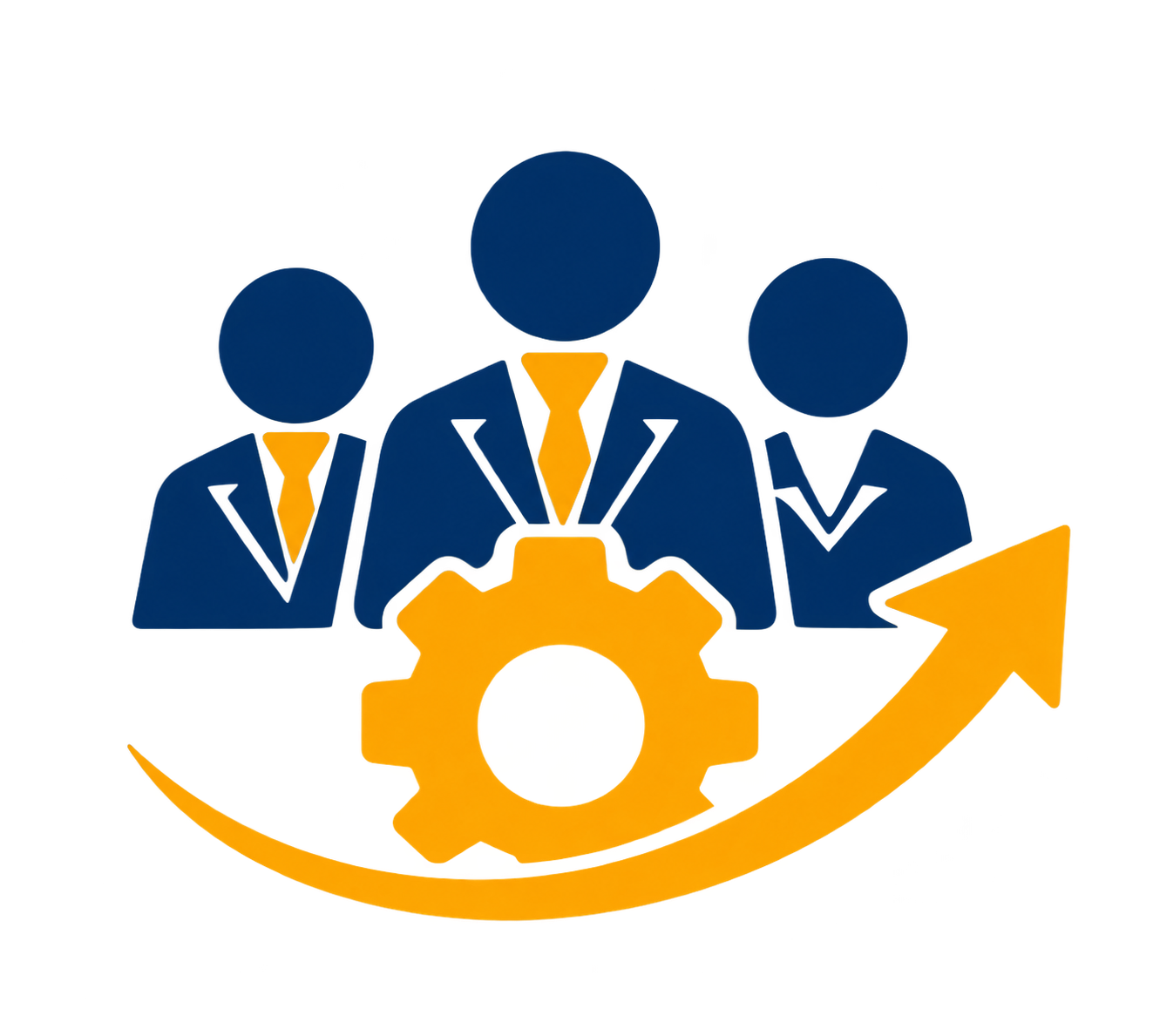 Graphic of three businesspeople wearing suits and ties, with a large gear in front of them. A curved arrow points upward, symbolizing growth or progress, with a red bar extending from the arrow's tip.