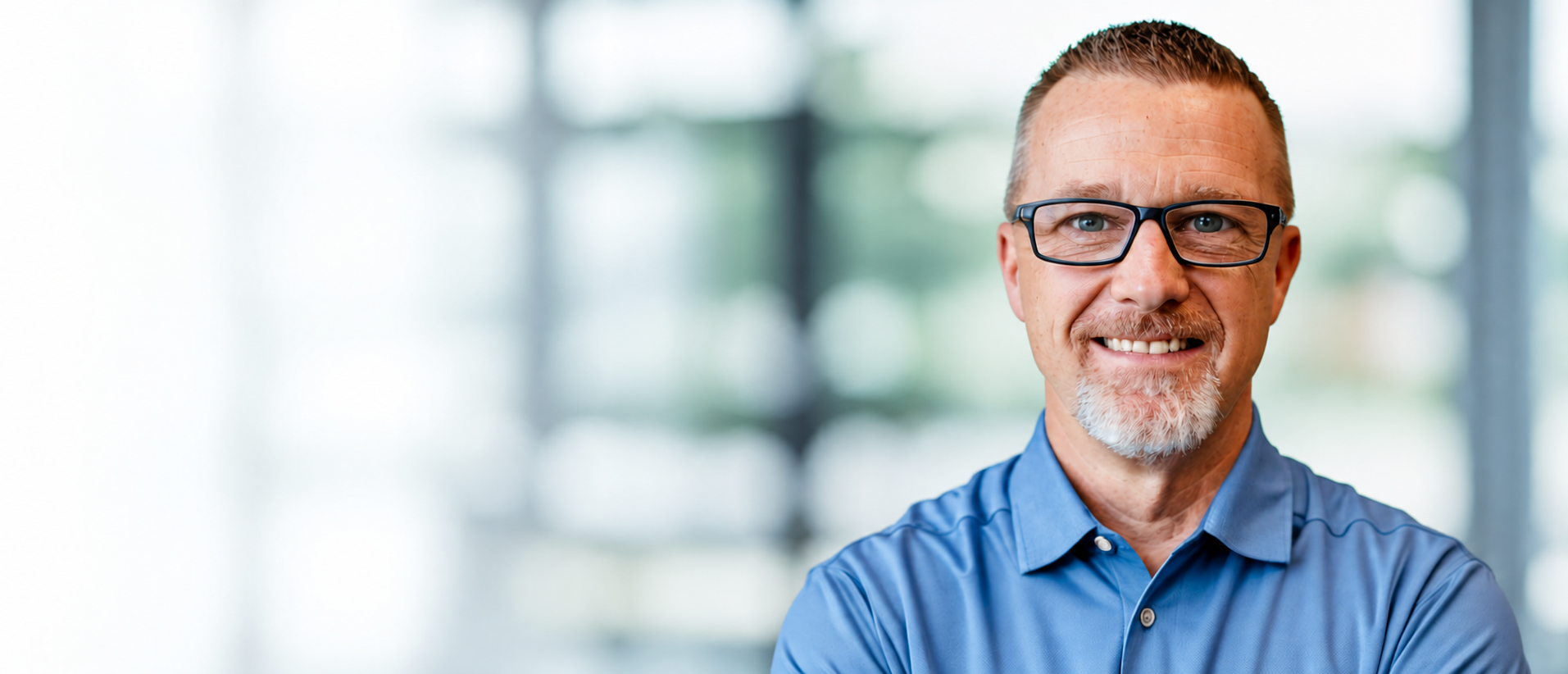 Smiling man with glasses and a beard in a blue shirt standing indoors with a blurred background.