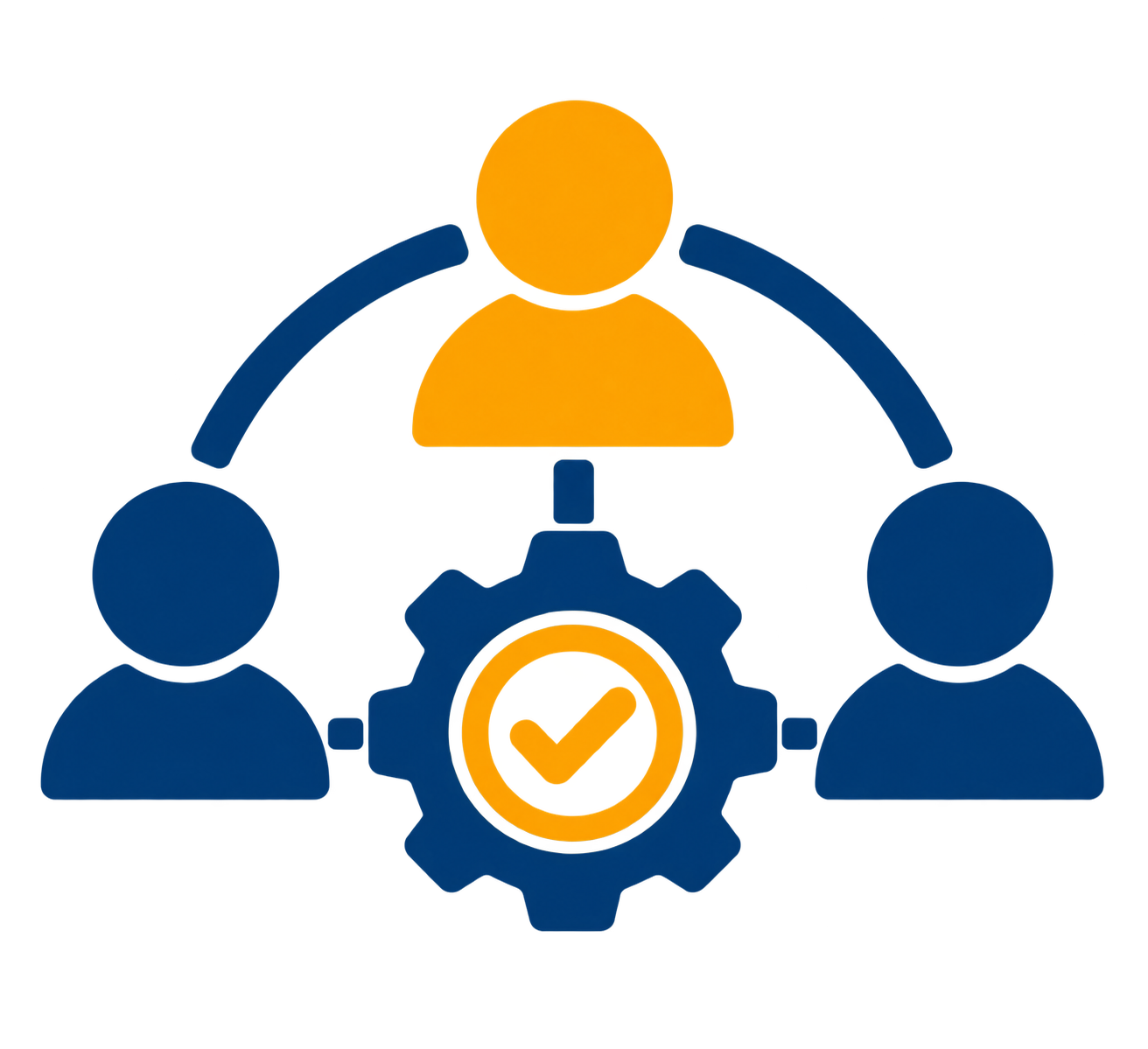 Icon of three people connected around a gear with a checkmark, representing teamwork, approval, or validation in a project or process.