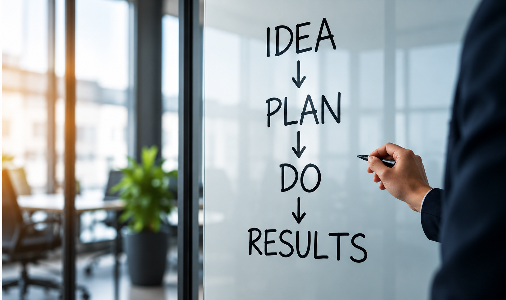 A person in a suit writes on a glass wall with a black marker, with the words 'IDEA', 'PLAN', 'DO', and 'RESULTS' written in a vertical list with arrows pointing downward.