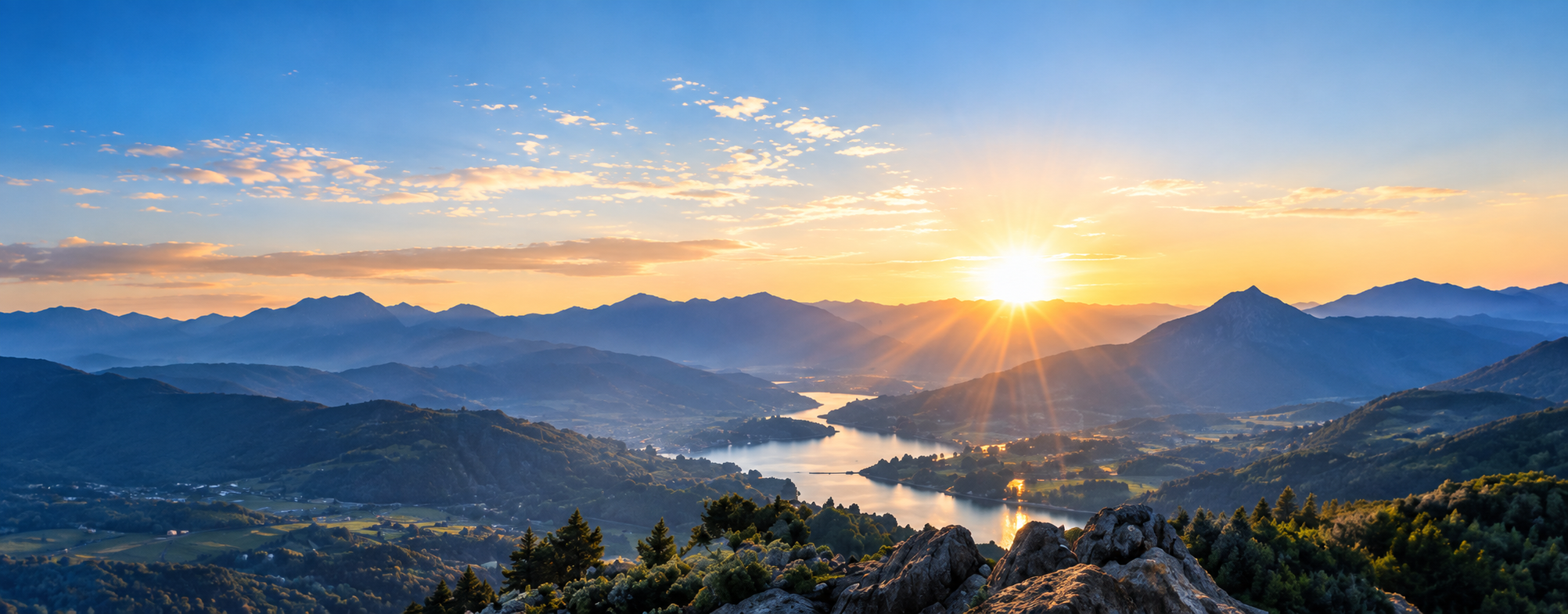 Sunset over a mountain range with a river flowing through a green valley, with pine trees in the foreground.