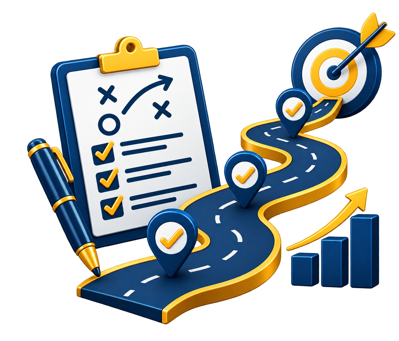 A 3D illustration of a strategic path with checkpoints and a target, symbolizing planning and goal achievement, featuring a road, map markers, a clipboard with a checklist, and a bar chart.