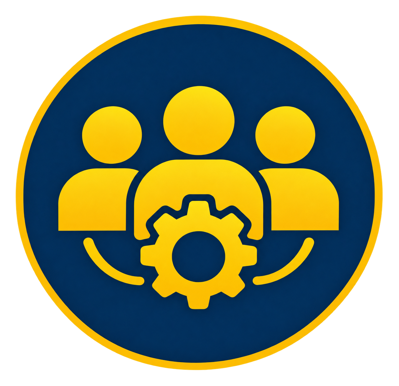 Icon of three human figures with a gear in front, representing team management or human resources.