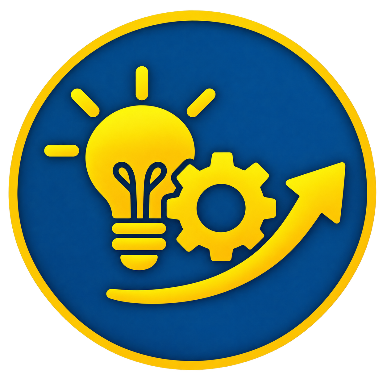 A blue circular icon with yellow graphics of a lightbulb, gear, and an upward arrow, symbolizing ideas, innovation, and growth.
