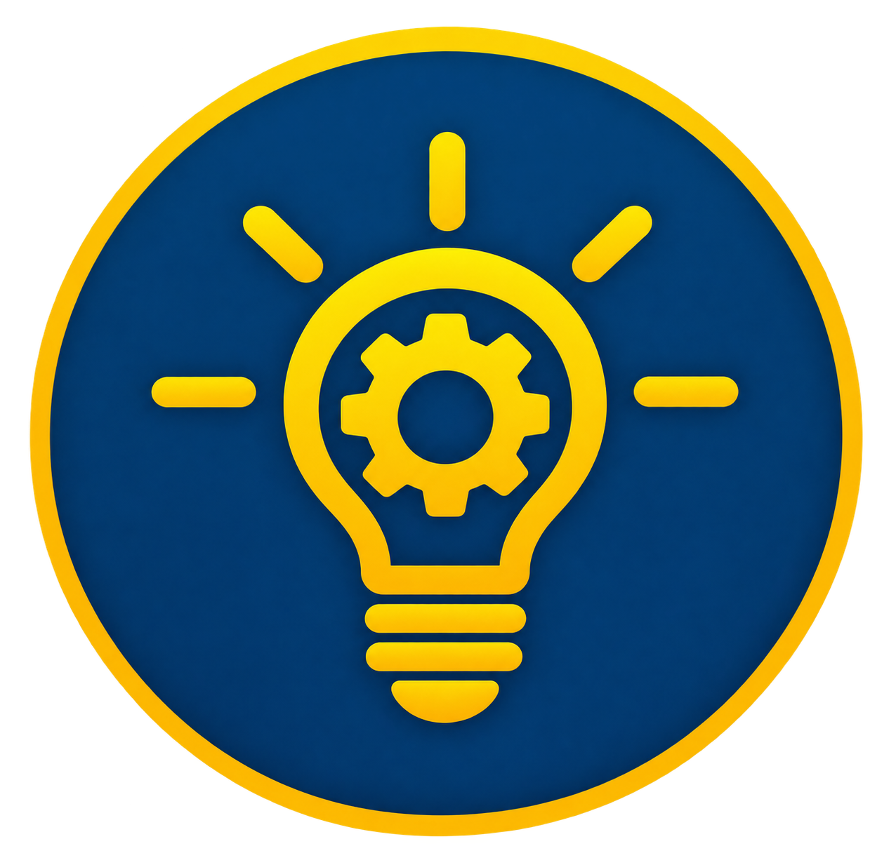 A logo featuring a blue circle background with a yellow outline, depicting a yellow lightbulb with a gear inside it, and surrounding lines indicating ideas or innovation.