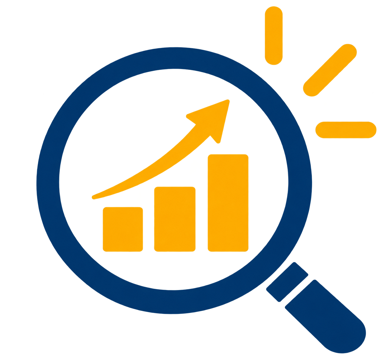 Magnifying glass focusing on a bar graph with an upward arrow, surrounded by yellow sunburst lines, symbolizing growth and analysis.
