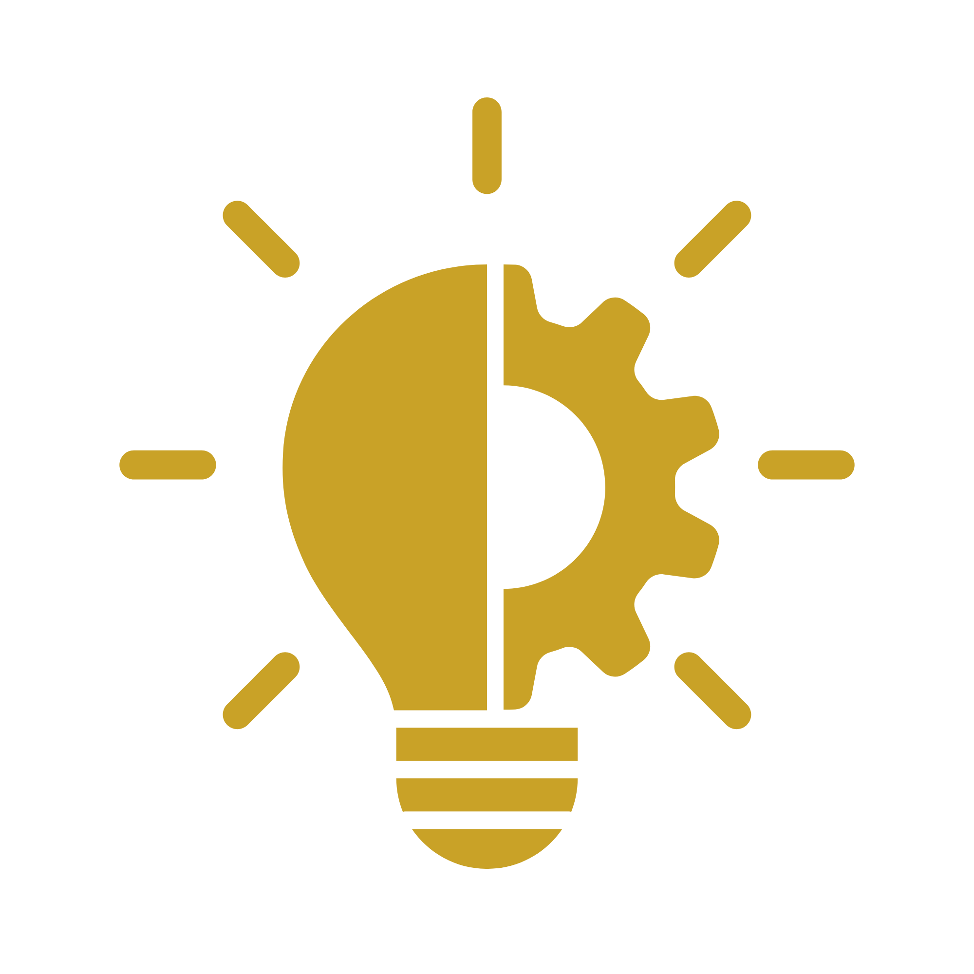 A lightbulb with a zigzag filament, surrounded by lines indicating illumination, and a gear attached to the side, symbolizing ideas and innovation.