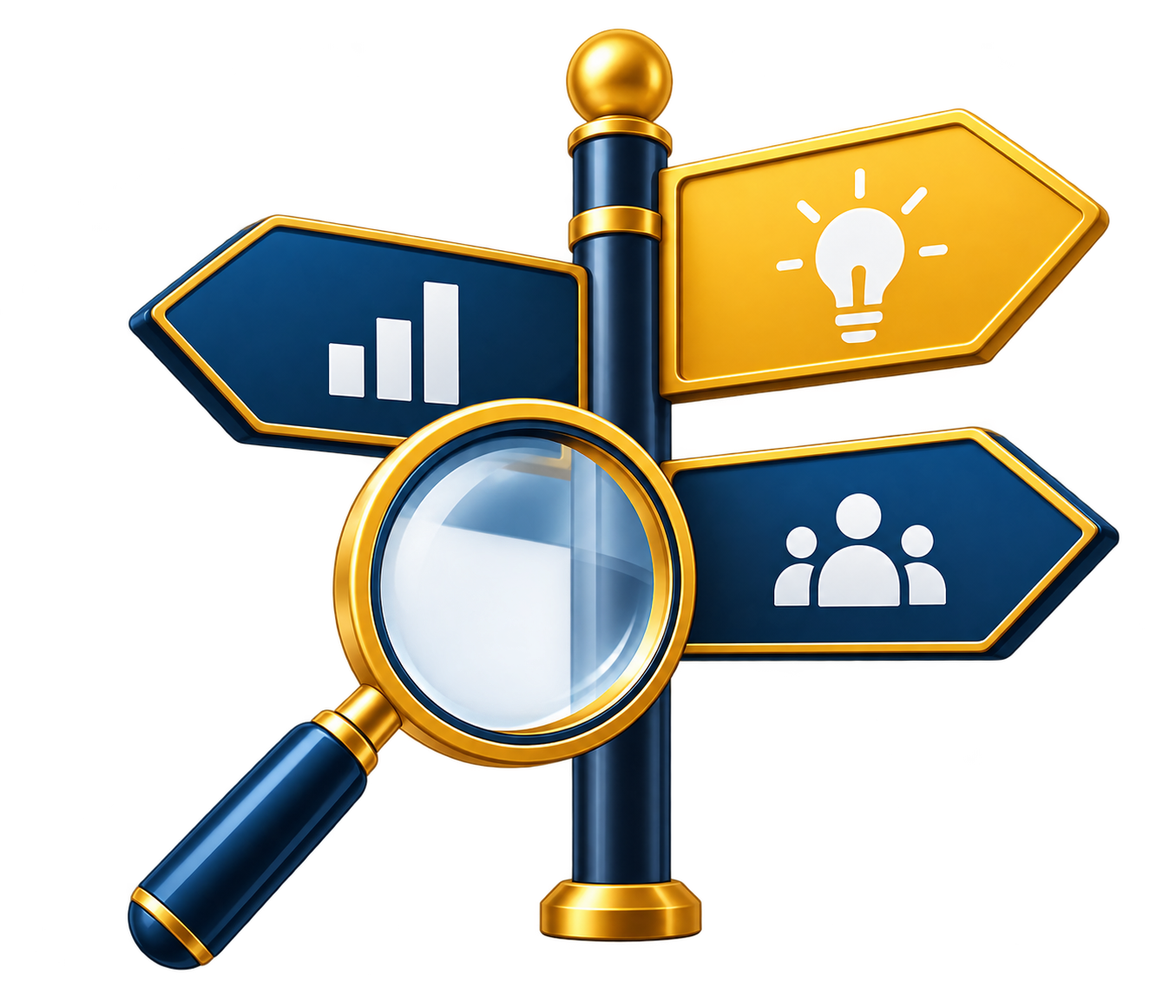 Signpost with blue and yellow arrows featuring icons for bar chart, lightbulb, people, and a magnifying glass.