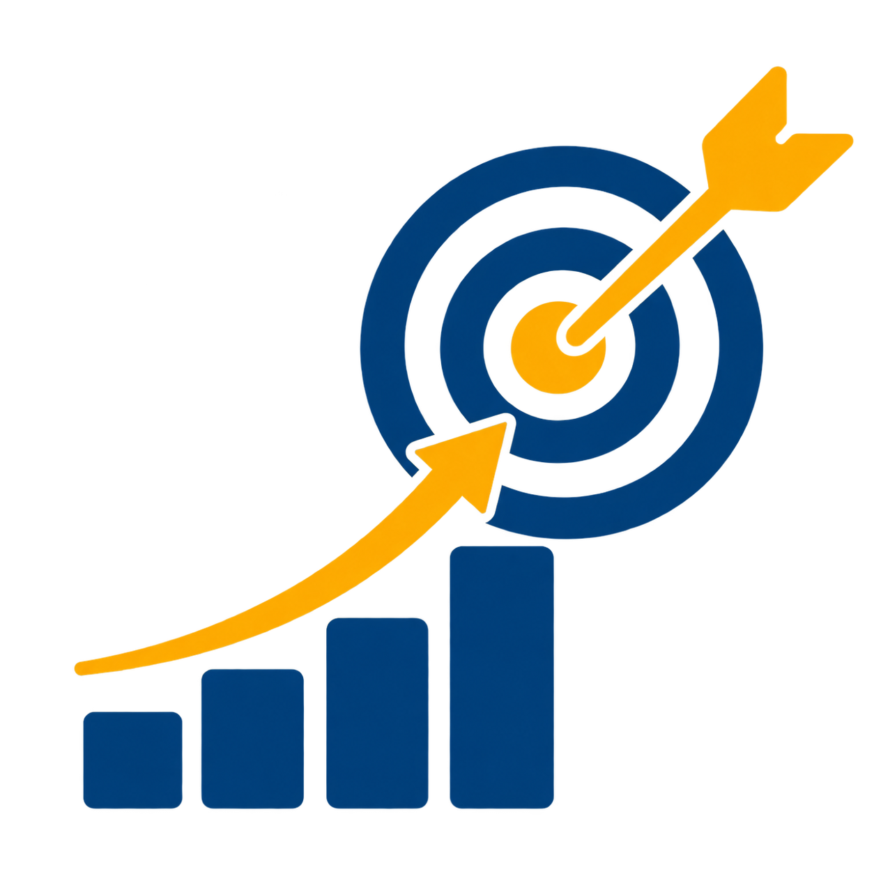 A chart showing increasing bar graphs and a rising arrow piercing through a blue target with concentric circles, symbolizing growth and goal achievement.