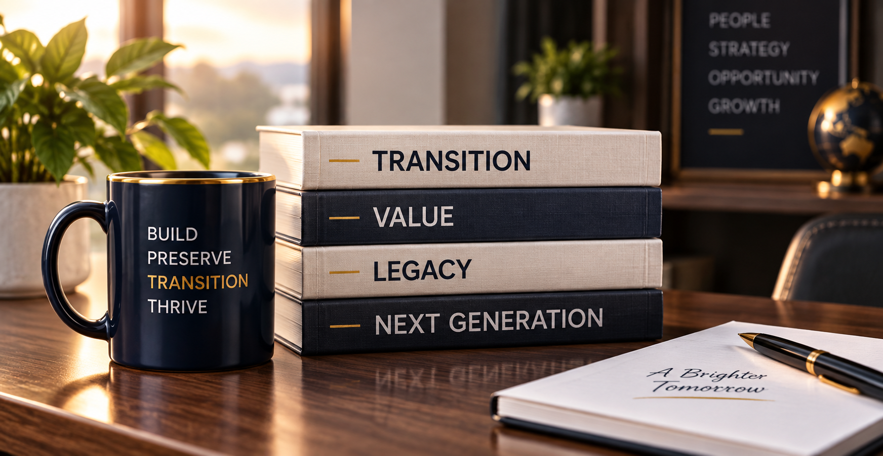 A coffee mug with the words 'Build Preserve Transition Thrive' next to stacked books titled 'Transition', 'Value', 'Legacy', and 'Next Generation' on a wooden desk with a notebook that reads 'A Brighter Tomorrow' and a pen, in an office with plants and motivational posters in the background.
