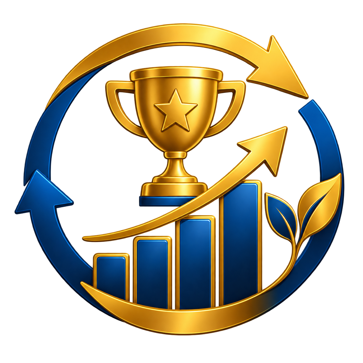 Golden trophy with star in center, surrounded by blue and gold circular arrows, bar graph, plant leaves, symbolizing achievement, growth, and sustainability.