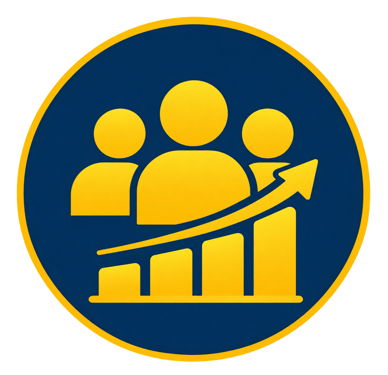 Logo with three yellow human figures, upward arrow, and bar graph on blue background, representing growth and teamwork.