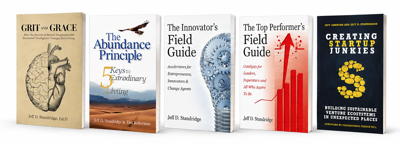 Set of five books on entrepreneurship, personal development, and innovation, with titles including "Grit and Grace," "The Abundance Principle," "The Innovator's Field Guide," "The Top Performer's Field Guide," and "Creating Startup Junkies."