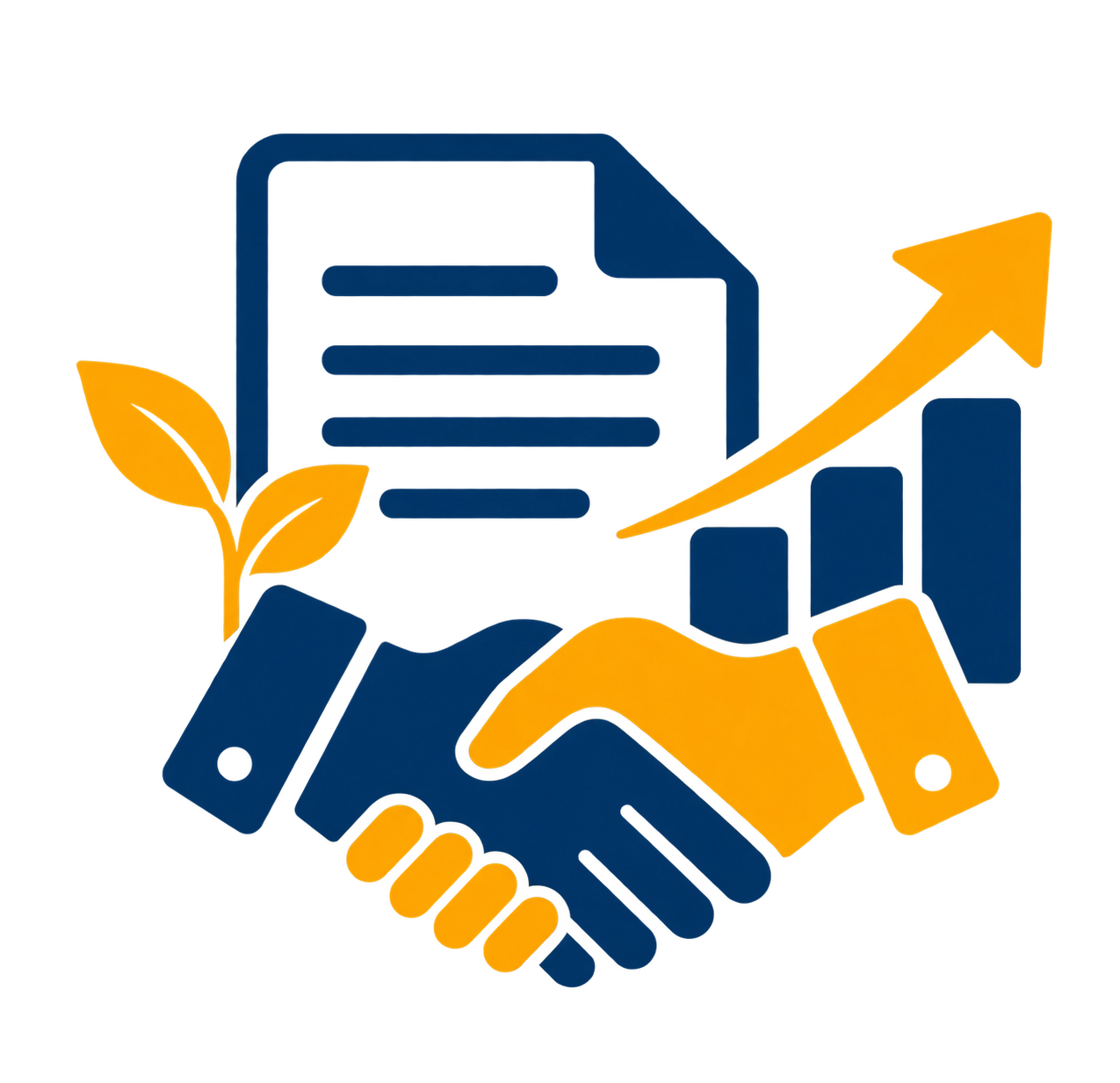 Illustration of a handshake, upward arrow, document, and plant, symbolizing growth, partnership, and progress.