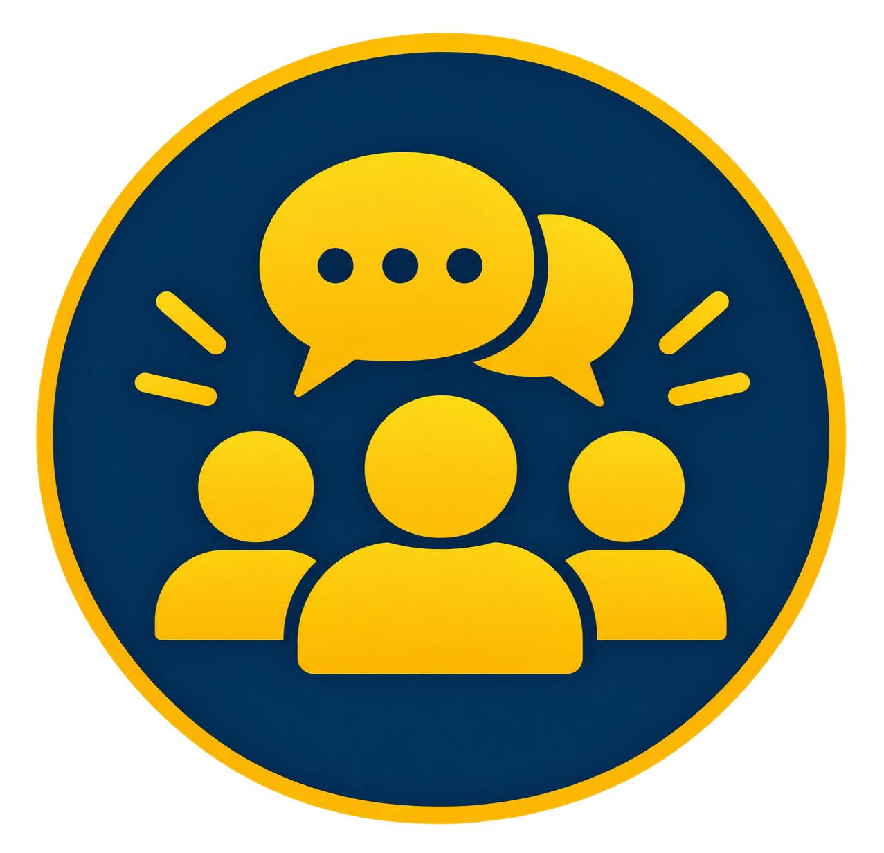 Icon with three yellow speech bubbles above a group of three stylized yellow human figures, symbolizing communication or discussion.