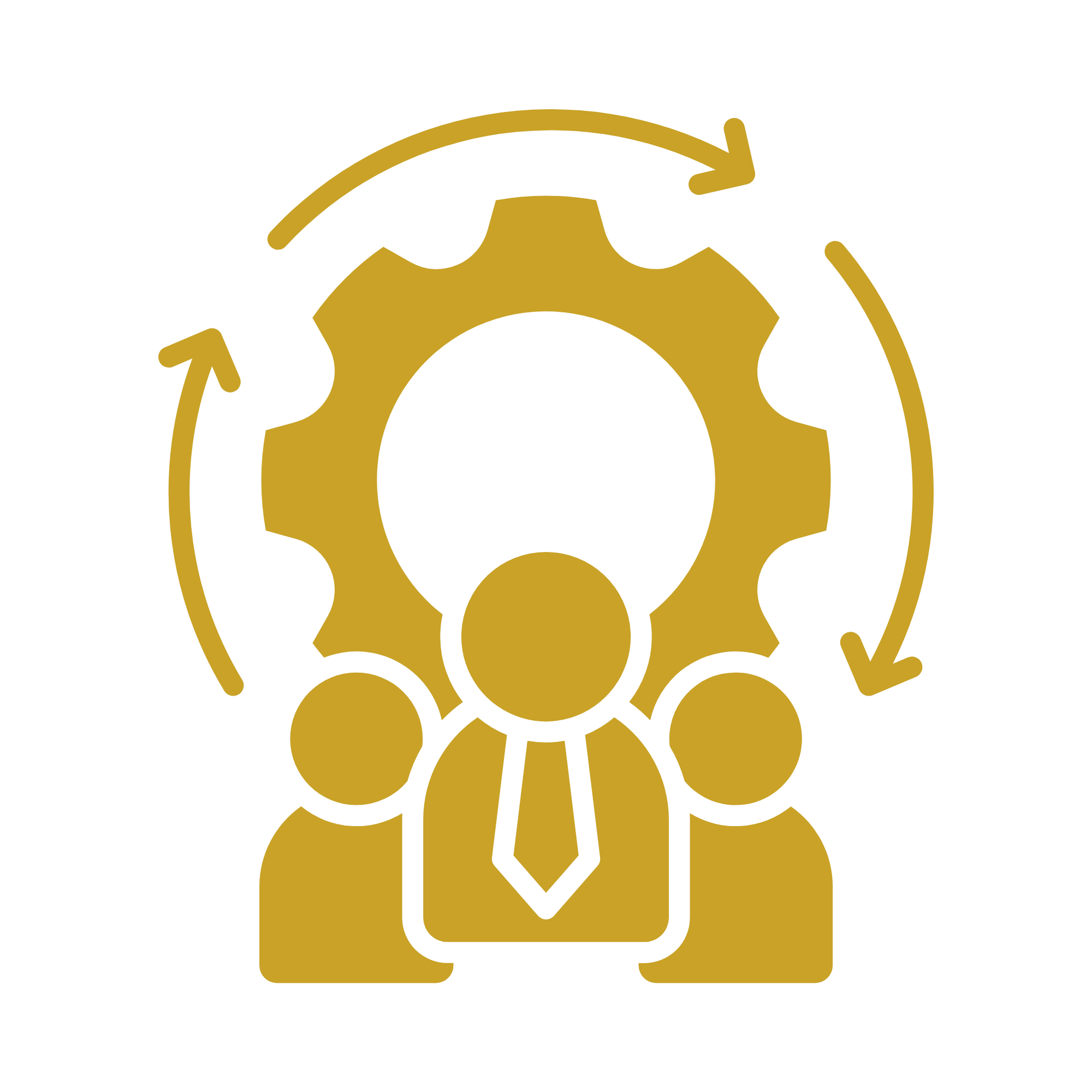 A graphic with a black background featuring a large gold gear icon at the center, surrounded by two gold arrows forming a circular motion around it.