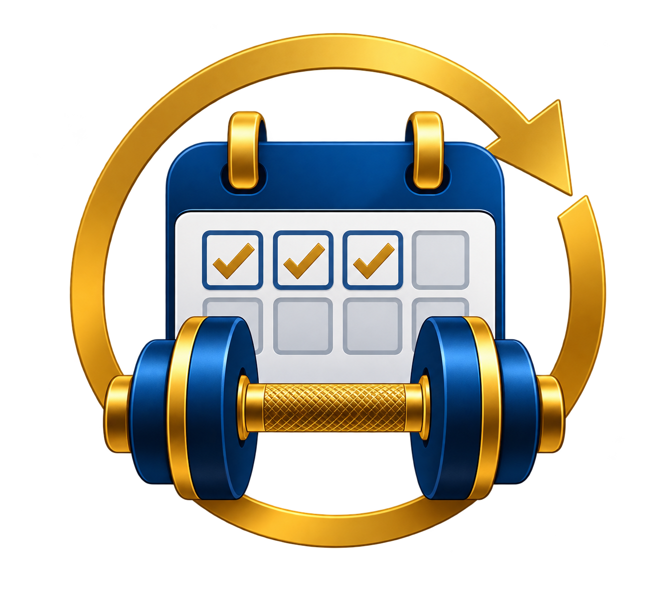 A calendar with checkmarks and a pair of blue and gold dumbbells, surrounded by a gold circular arrow, representing fitness and workout planning.