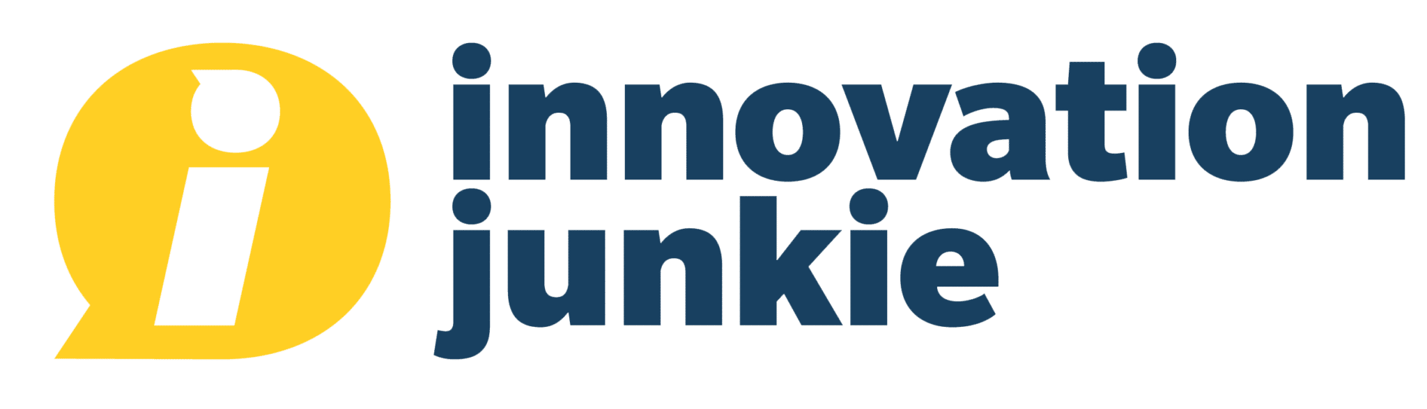 Logo of Innovation Junkie with a yellow circle and a black lowercase letter i inside it, accompanied by the words "innovation junkie" in blue text.