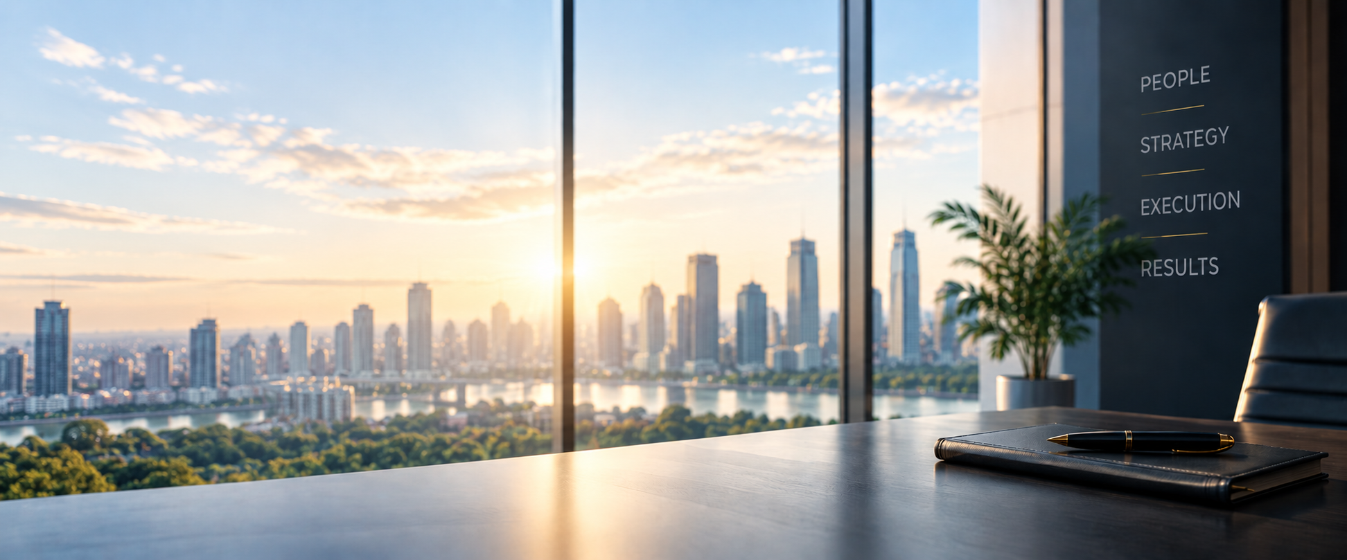 Office conference room with a view of a city skyline at sunset, featuring skyscrapers and a river, a black leather chair, a black notebook, a pen, and a potted plant next to a dark wall with the words 'People, Strategy, Execution, Results' written on it.