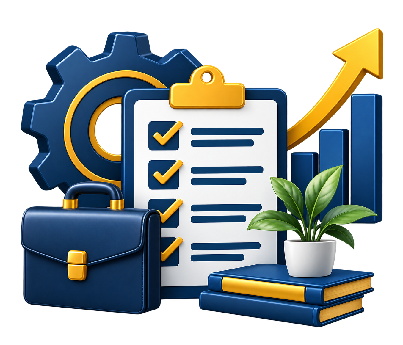 Office productivity and growth icons including gear, checklist, briefcase, books, plant, and upward arrow.
