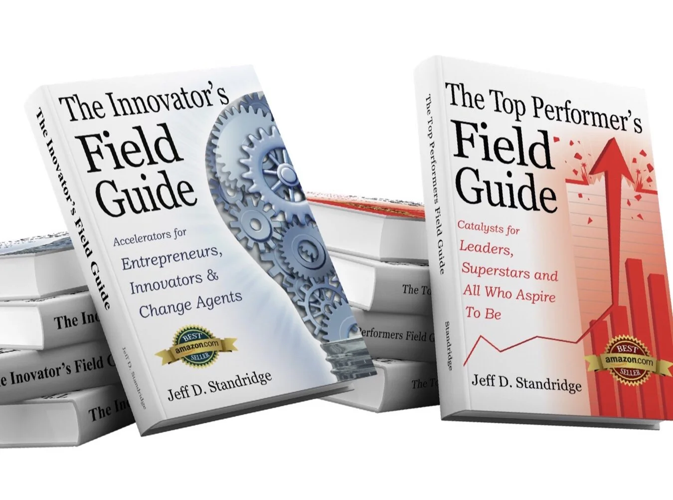 Two books titled 'The Innovator's Field Guide' and 'The Top Performer's Field Guide' by Jeff D. Standridge, with the former featuring a cover design of blue gears and the latter showing a red upward arrow on the cover.