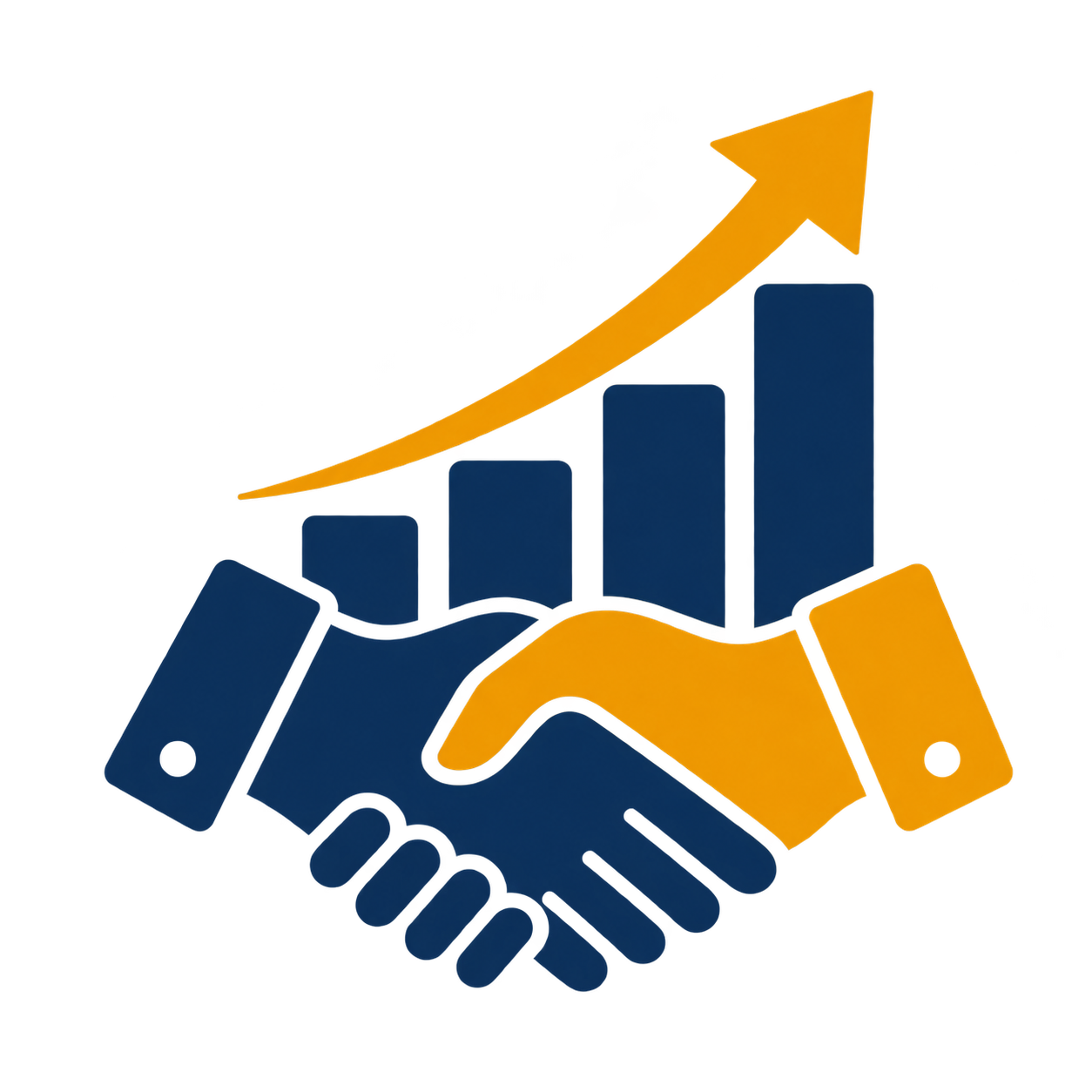 A graphic depicting a handshake with a bar chart and an upward arrow emerging from the hands, symbolizing business growth and partnership.