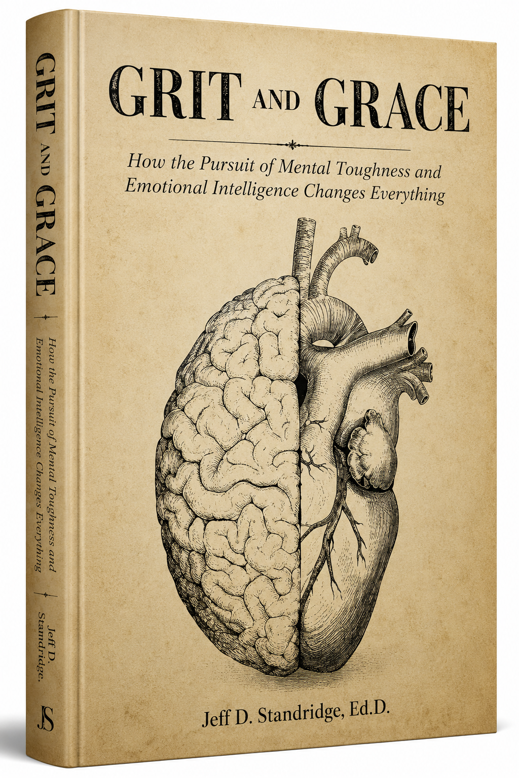 Book cover titled "Grit and Grace" with a split illustration of a brain and a heart, and the subtitle "How the Pursuit of Mental Toughness and Emotional Intelligence Changes Everything" by Jeff D. Standridge, Ed.D.