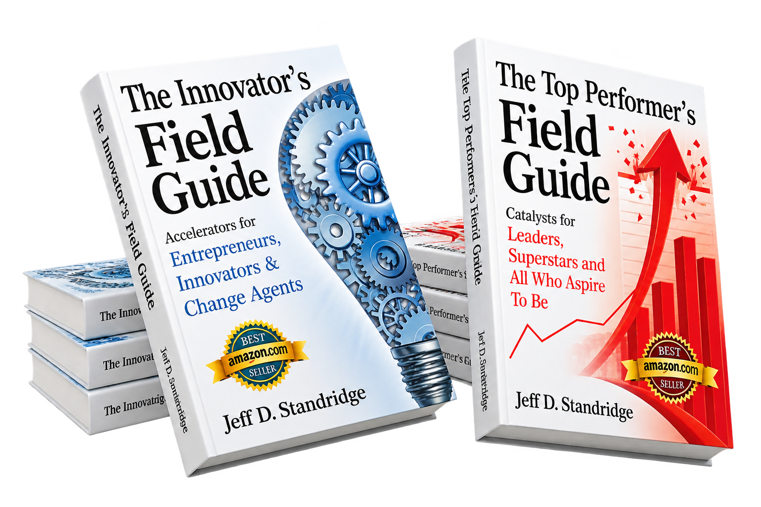 Two books titled 'The Innovator's Field Guide' and 'The Top Performer’s Field Guide' by Jeff D. Standridge, with cover images of gears and upward arrows respectively, placed on a stack, showcasing business and innovation themes.