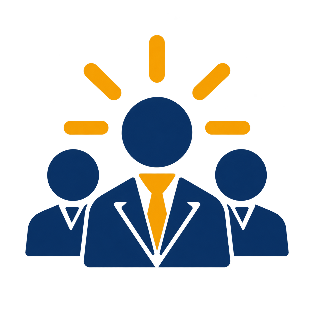 Graphic of three businesspeople wearing suits, with a business icon above their heads surrounded by arrows pointing in multiple directions, symbolizing teamwork and leadership.