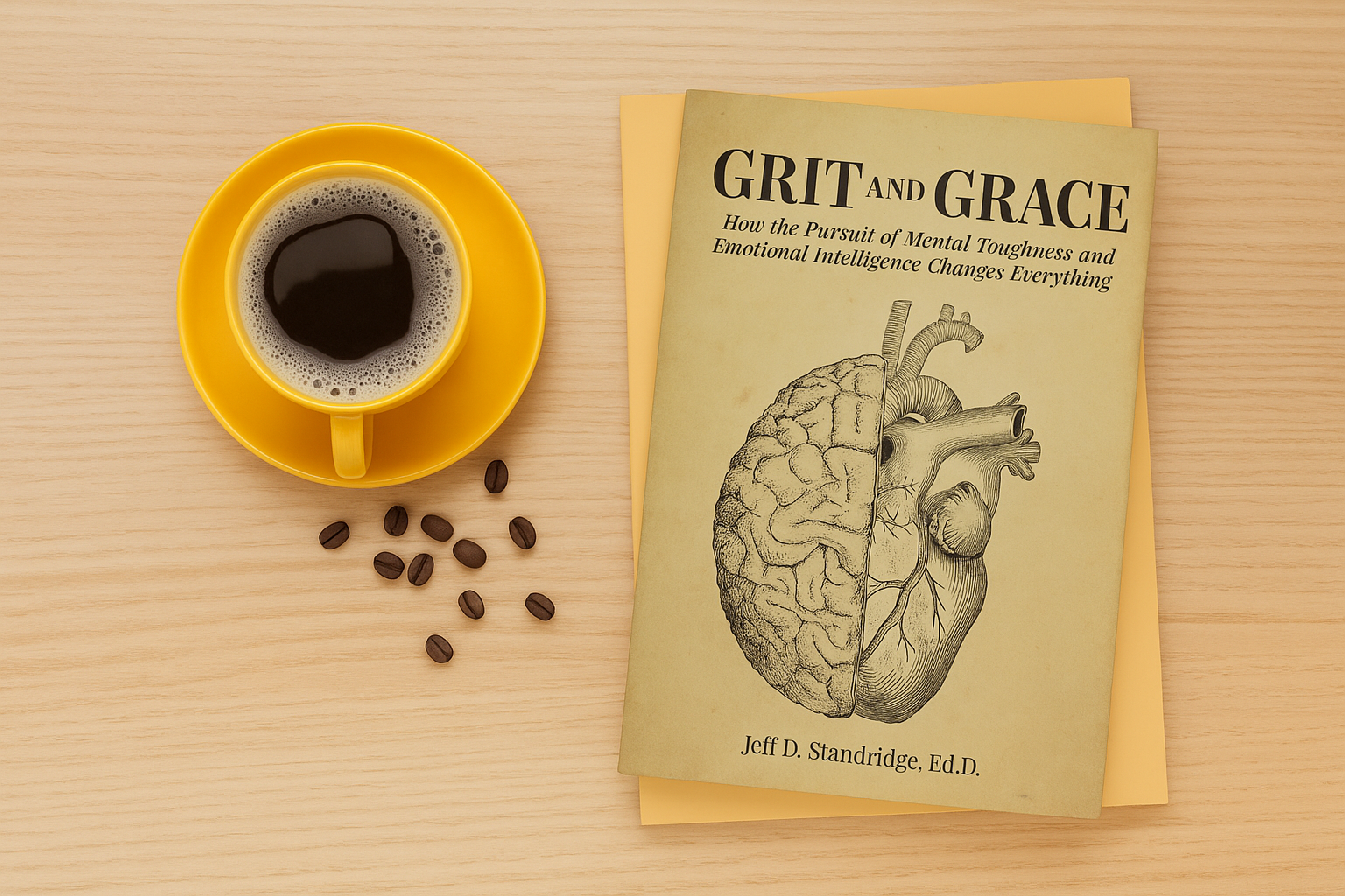 A yellow coffee cup and saucer filled with black coffee, with coffee beans scattered nearby, next to a book titled 'Grit and Grace' featuring a half brain and heart illustration on the cover, resting on a light wooden surface.