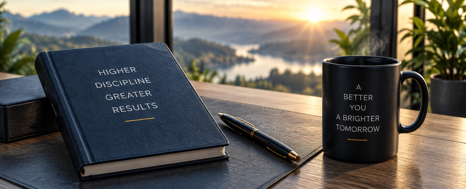 A desk with a black book titled 'Higher Discipline Greater Results,' a black coffee mug with the words 'A Better You A Brighter Tomorrow,' a gold and black pen, and a potted plant, with a view of mountains and a sunset through a window.