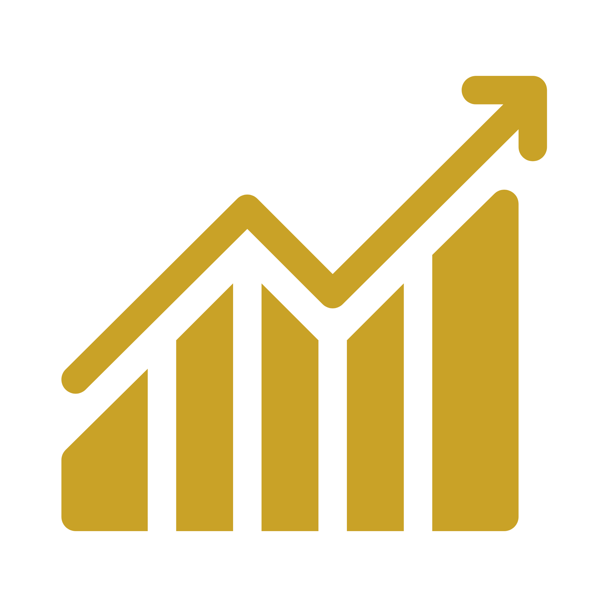 Gold upward trending arrow with financial graph lines on black background