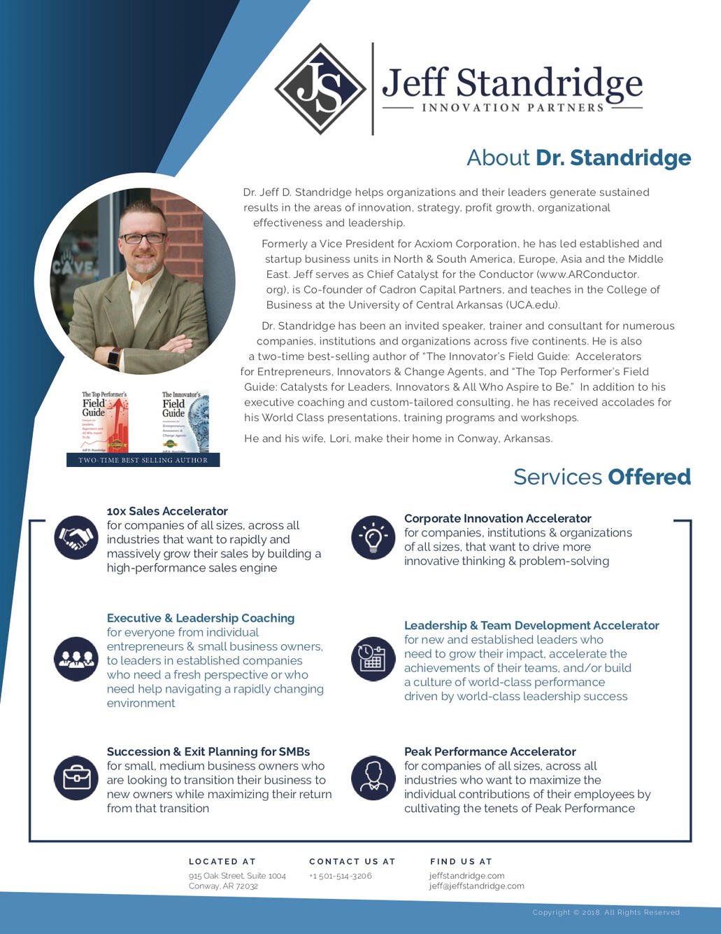 Business flyer featuring Dr. Jeff Standridge with a photo on the left and informational text on the right. The flyer highlights his background, accomplishments, and services offered, including sales acceleration, innovation, coaching, leadership development, succession planning, and peak performance acceleration.