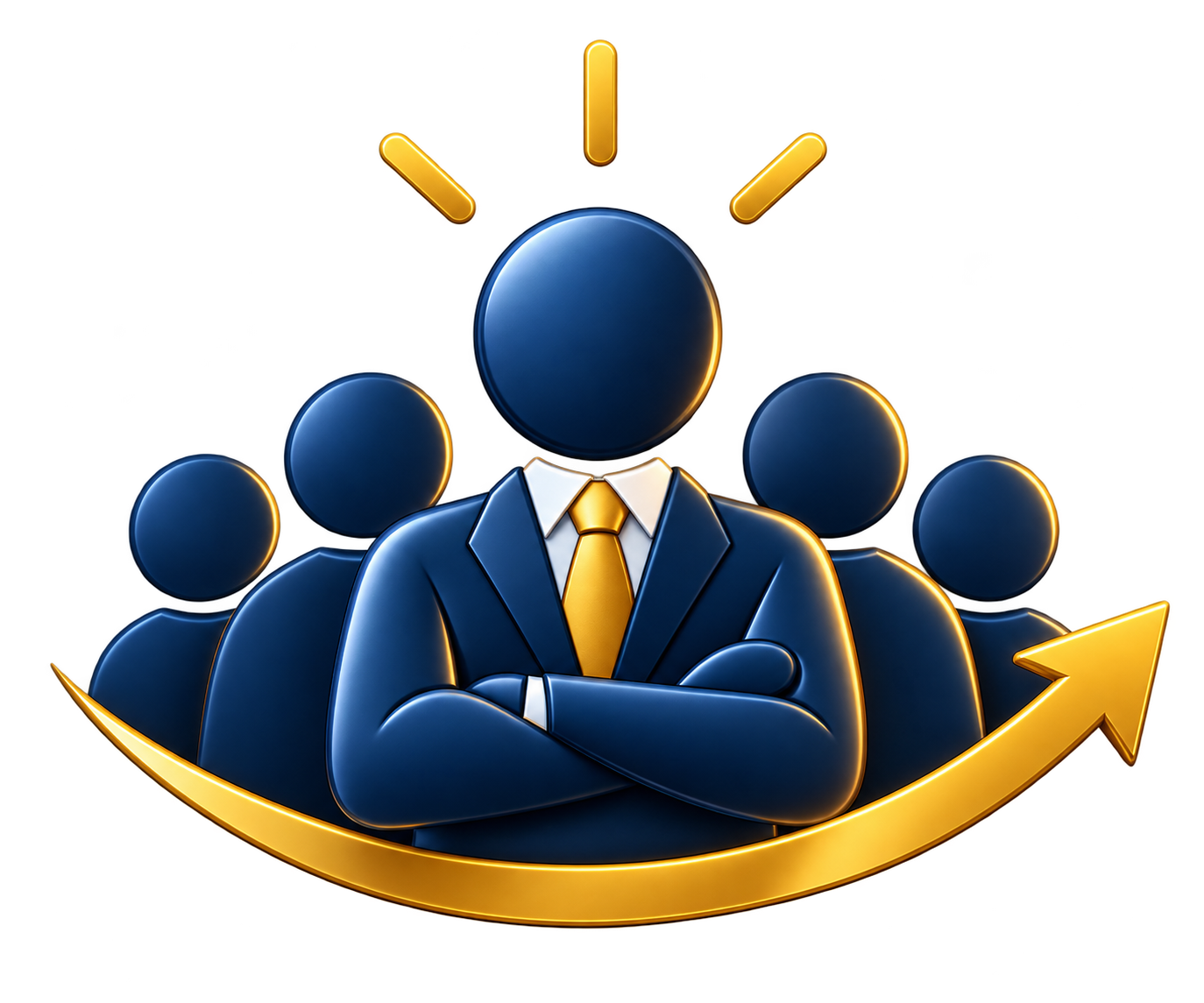 A digital illustration of a group of people with a prominent male figure in business attire, featuring a blue suit and yellow tie, with arms crossed, surrounded by a gold arrow curving upward, symbolizing leadership, teamwork, or growth.