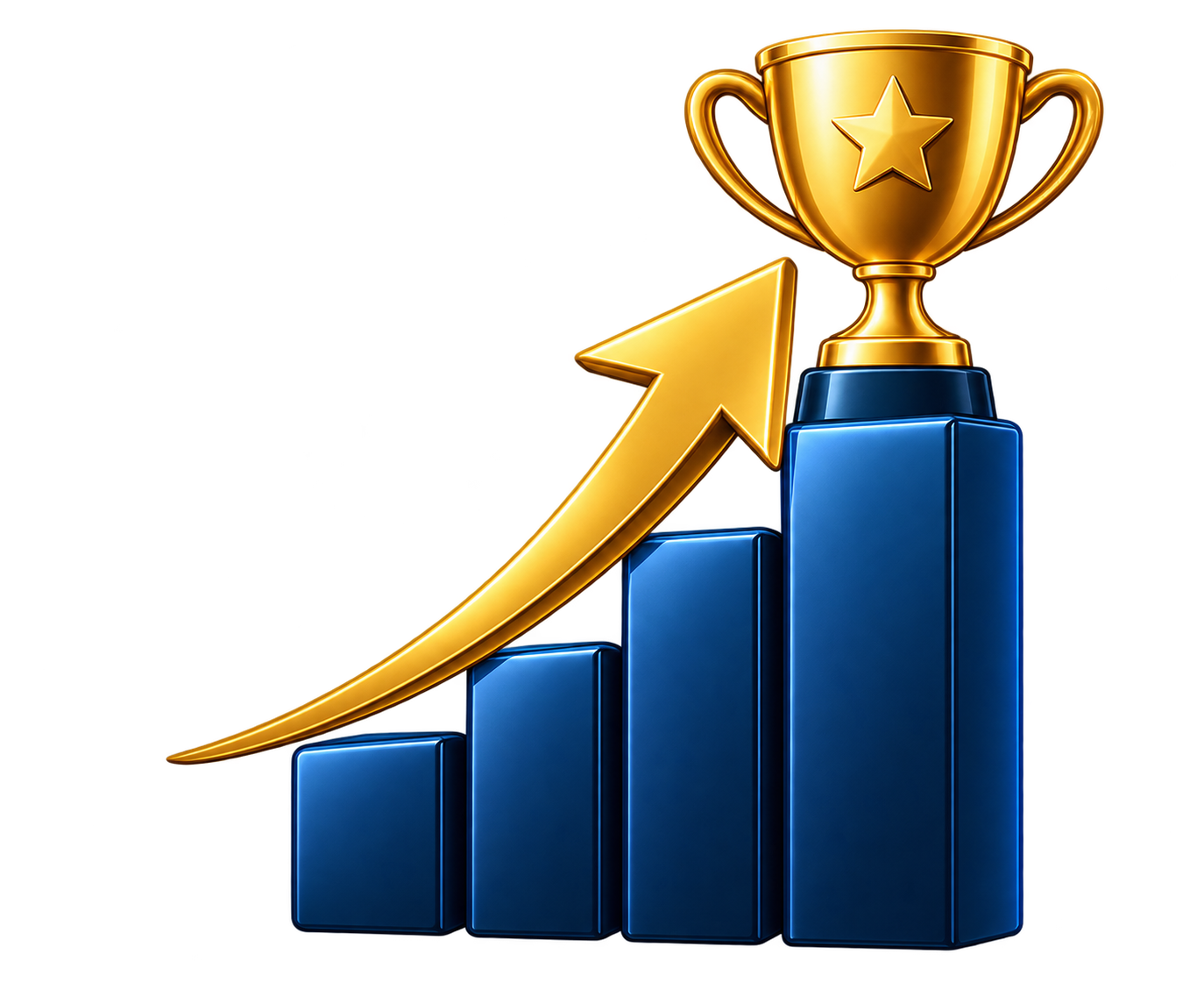 A 3D graph with five blue bars of increasing height, topped with a gold trophy with a star on it, and a gold arrow pointing upward.