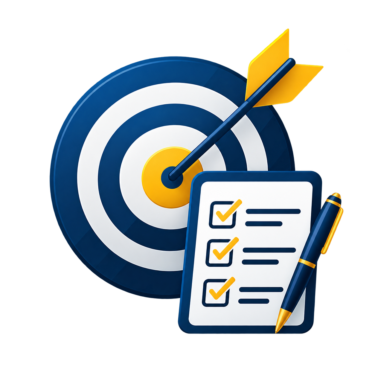 Target with an arrow hitting the bullseye, checklist with three check marks, and a pen, symbolizing goal setting and achievement.