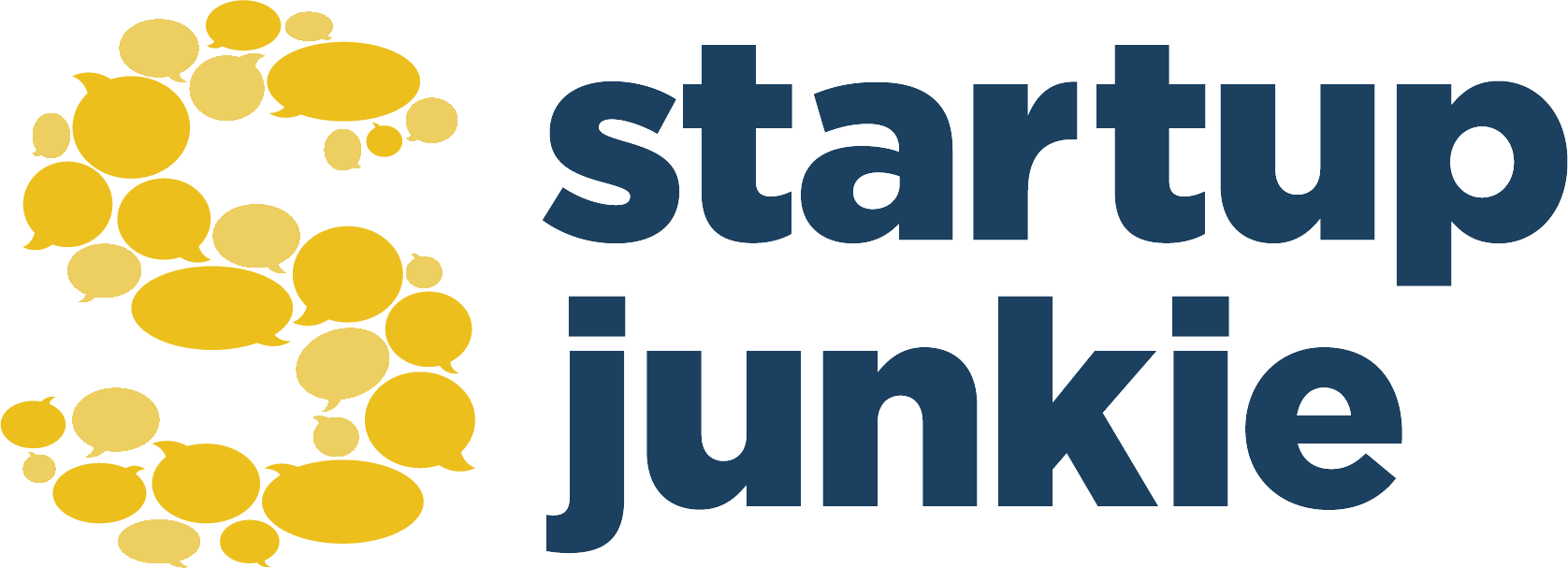 Logo for 'Startup Junkie' featuring a stylized yellow brain made of speech bubbles.