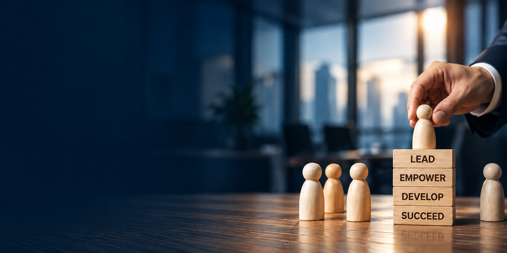 A person's hand stacking wooden blocks with words 'Lead', 'Empower', 'Develop', 'Succeed' on top of small wooden figurines on a wooden table in a modern office with large windows and cityscape in background.
