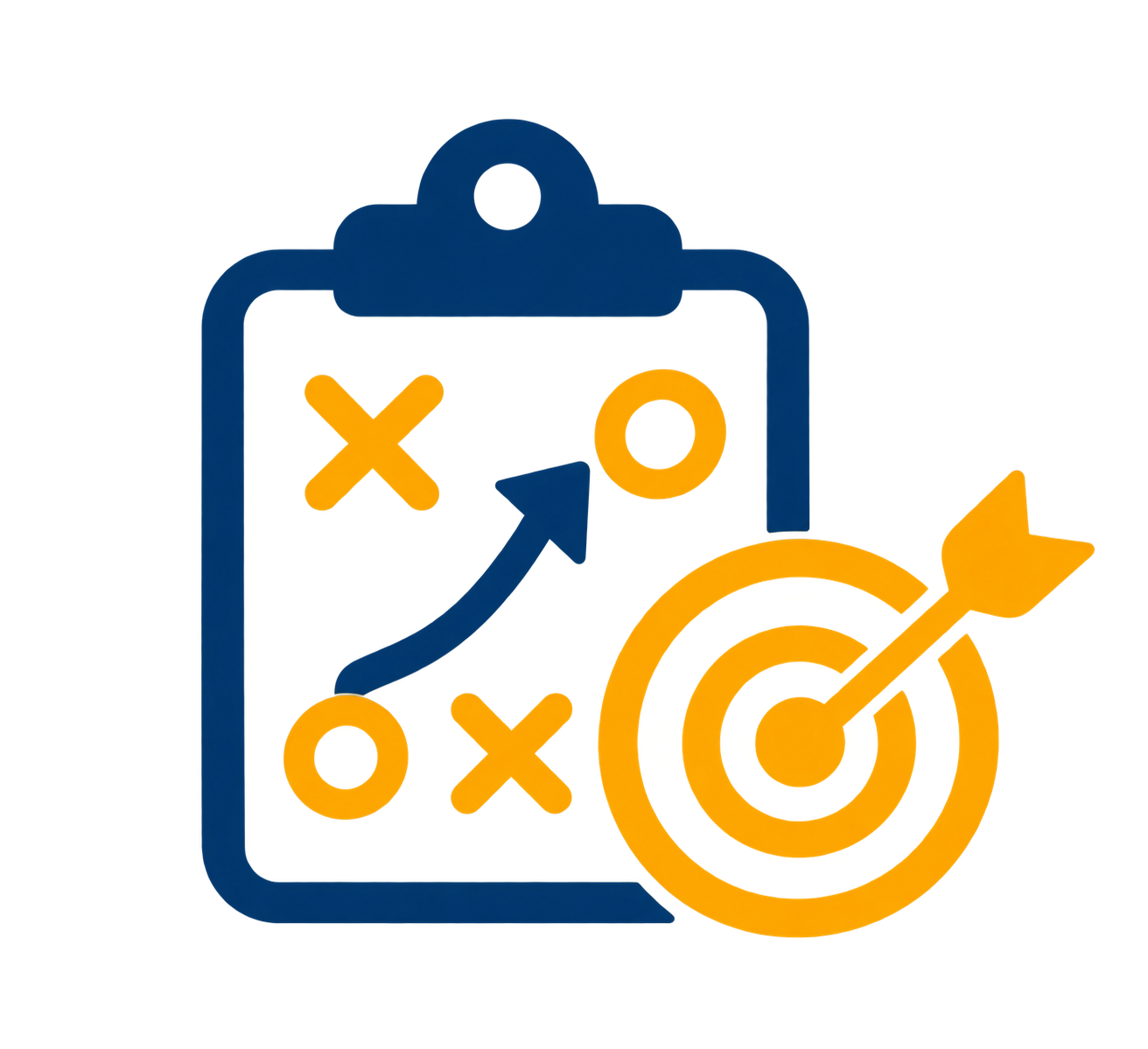A digital illustration of a clipboard with strategic planning symbols, including X's, O's, an arrow, and a target with an arrow hitting the bullseye, representing planning and goal setting.